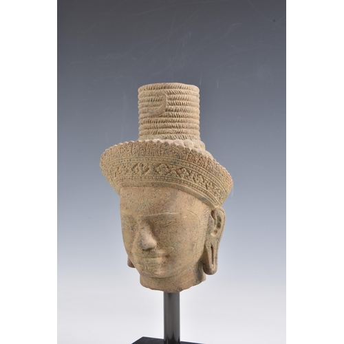 1585 - A Khmer, Cambodia Angkor Vat style sandstone head of Shiva, believed 12th century, the head carved w... 