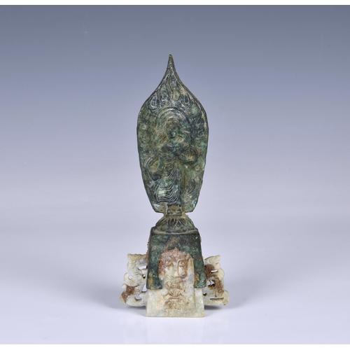 1596 - A Chinese bronze and calcified jade Northern Wei figure of Guanyin, probably 20th century, with heav... 