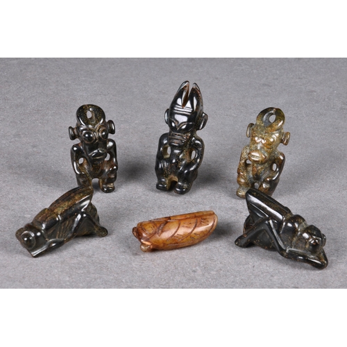 1601 - A group of six Chinese jade and hardstone carvings, 20th century, including a cicada, two flies and ... 