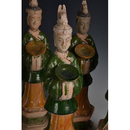 1619 - A set of eight Chinese Sancai glazed pottery tomb figures of Court Attendants, with separate, unglaz... 