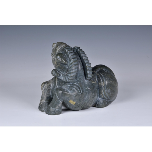 1628 - A large Chinese spinach and grey-green carved jade figure of a Ram, in the Han style, probably late ... 