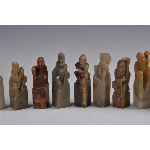 1640 - A group of fifteen Chinese carved soapstone seals, each depicting a Daoist immortal, second half 20t... 