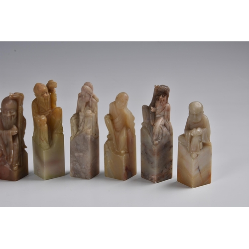 1640 - A group of fifteen Chinese carved soapstone seals, each depicting a Daoist immortal, second half 20t... 