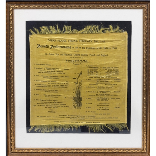 1680 - A framed Channel Islands theatre programme, printed on yellow fringed silk for the Opera House Jerse... 