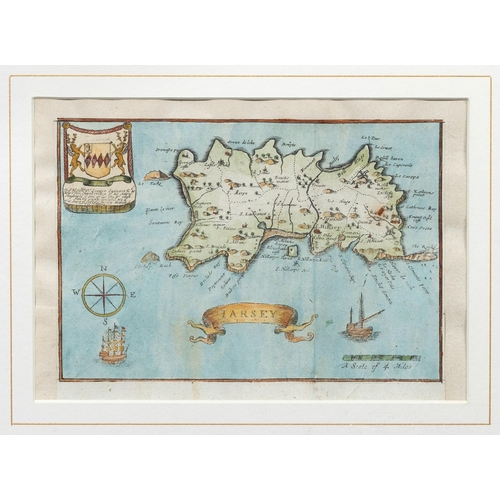 1701 - Hand coloured Map of Jersey, by Blome, engraving on laid paper, laid onto laid paper, circa 1670, fr... 