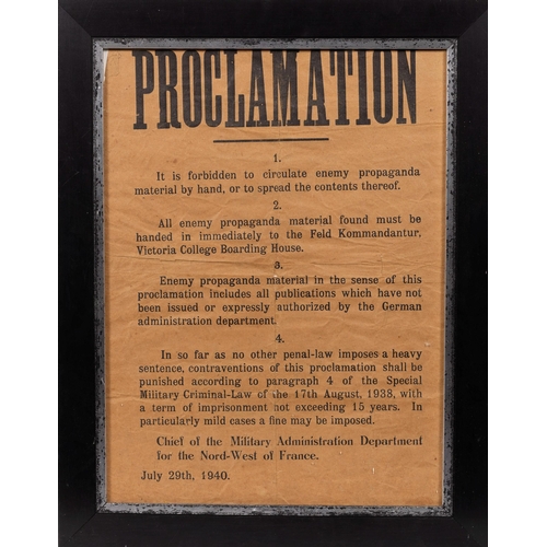 1801 - WW2 Channel Islands Occupation interest - a framed 'Proclamation', from the chief of the military ad... 