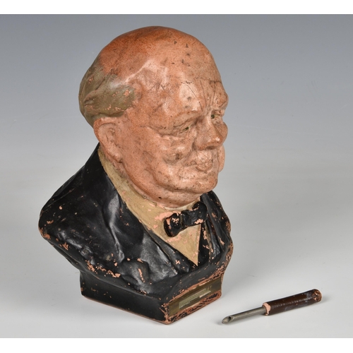 1813 - A mid 20th Century terracotta striker / table lighter in the form of Winston Churchill, with his cig... 