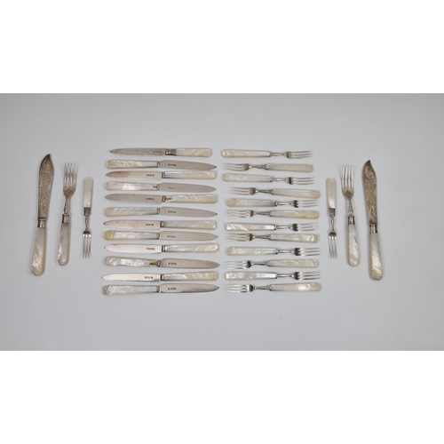 189 - A near set of twelve silver mother-of-pearl handled fruit knives & forks, John Sanderson & Son Ltd, ... 