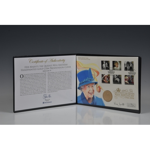 1899 - Her Majesty The Queen's 90th Birthday gold coin presentation cover, issued by Guernsey in 2016, the ... 