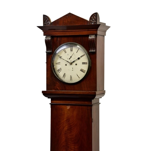 1928 - An early 19th century mahogany eight day longcase clock, the bell strike movement fronted by a circu... 