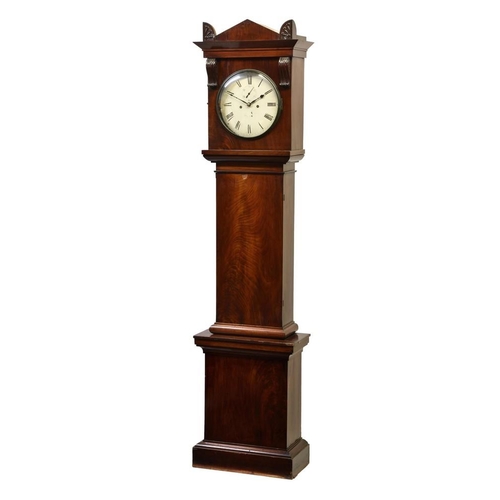 1928 - An early 19th century mahogany eight day longcase clock, the bell strike movement fronted by a circu... 