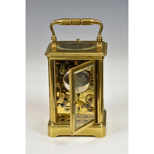 1930 - A late 19th century French half repeating carriage alarm clock, possibly Drocourt or Jacot, the eigh... 