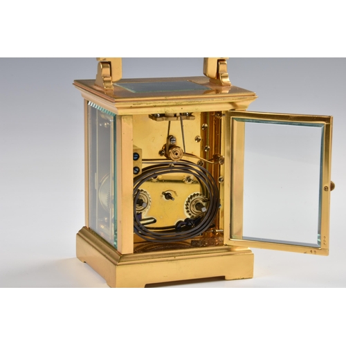 1943 - A French gilt brass carriage clock, c.1900, the white enamel Arabic dial signed 'Snow & Ashworth Har... 