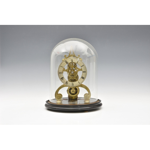 1944 - A 19th century brass single fusee skeleton clock, with single spire to the joined scroll frame and s... 