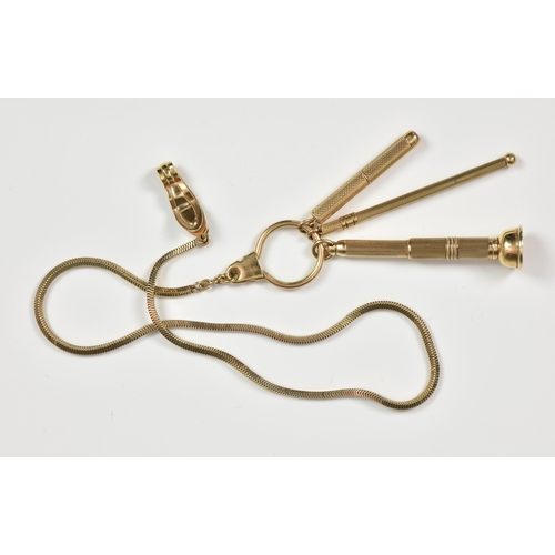 1964 - Gentleman's 9ct gold accessories, a chain with clip and key ring, engine turned attachments comprisi... 