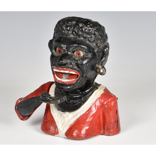 1966 - A antique cast alloy "Dinah" style money bank, early 20th century, painted in red, white a... 