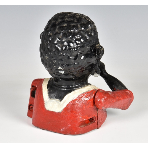 1966 - A antique cast alloy "Dinah" style money bank, early 20th century, painted in red, white a... 