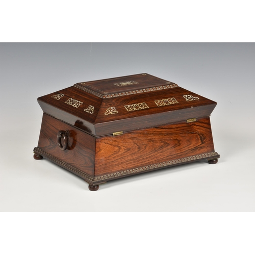 1981 - A large William IV rosewood and mother-of-pearl work box, of sarcophagus form, with gadrooned border... 