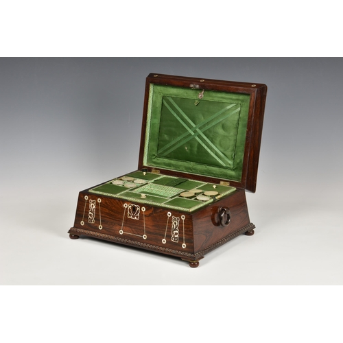 1981 - A large William IV rosewood and mother-of-pearl work box, of sarcophagus form, with gadrooned border... 