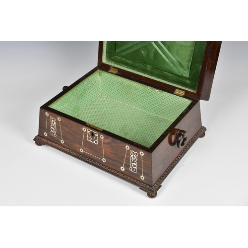 1981 - A large William IV rosewood and mother-of-pearl work box, of sarcophagus form, with gadrooned border... 