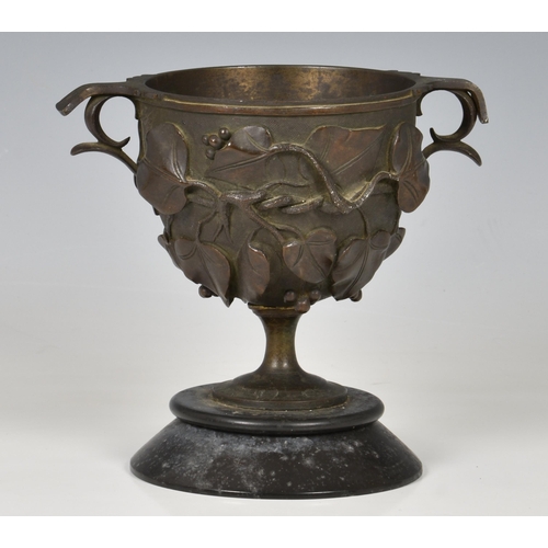 2010 - A twin handled bronze chalice / vase, in a neo-classical style, after the antique, having applied fr... 