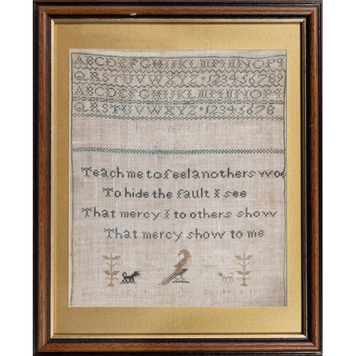 2024 - Four 19th century needlework samplers, comprising an Adam & Eve sampler, signed 'Lidia Weat Aged 13'... 