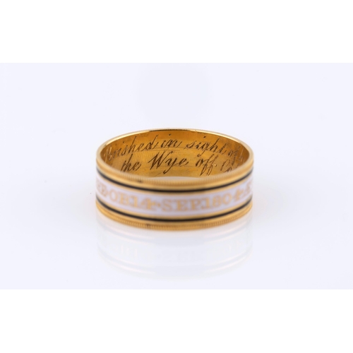 2069 - A fine George III 22ct gold and enamel mourning ring, the band with milled edge and white enamel ban... 