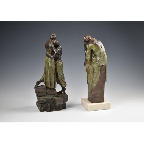 2070 - C. Miro (20th century) - two patinated bronze overlay sculptures, one depicting a coupling embracing... 