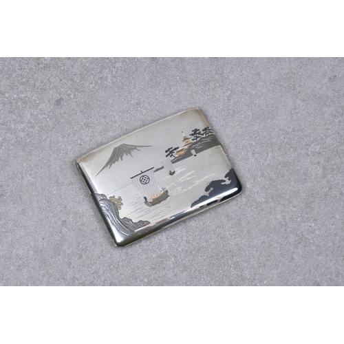 208 - A Japanese silver and mixed metal cigarette case, early 20th century, decorated with a lake landscap... 