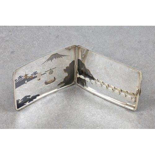 208 - A Japanese silver and mixed metal cigarette case, early 20th century, decorated with a lake landscap... 