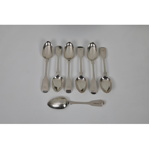 211 - A harlequin set of seven 19th century fiddle pattern dessert spoons, comprising four by William Eato... 