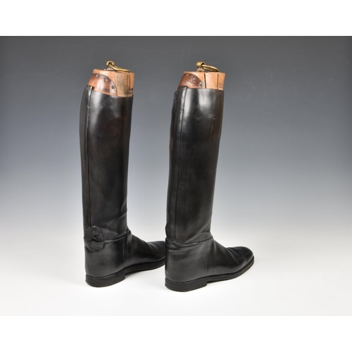 2118 - A pair of black leather riding boots with wooden stretchers, c.1930, unmarked , reportably by Henry ... 