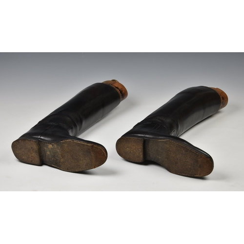 2118 - A pair of black leather riding boots with wooden stretchers, c.1930, unmarked , reportably by Henry ... 