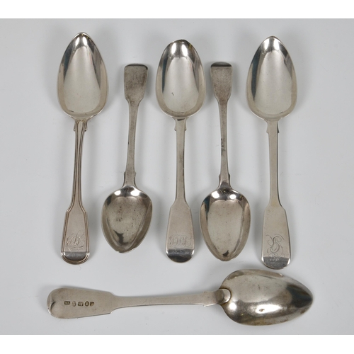 213 - Six silver fiddle pattern table spoons, various dates and makers to include one by Thomas Wheatley, ... 