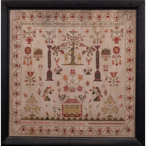 2130 - A William IV Adam and Eve sampler, inscribed 'Souviens-toi de ton créateur pendant les jours de la j... 