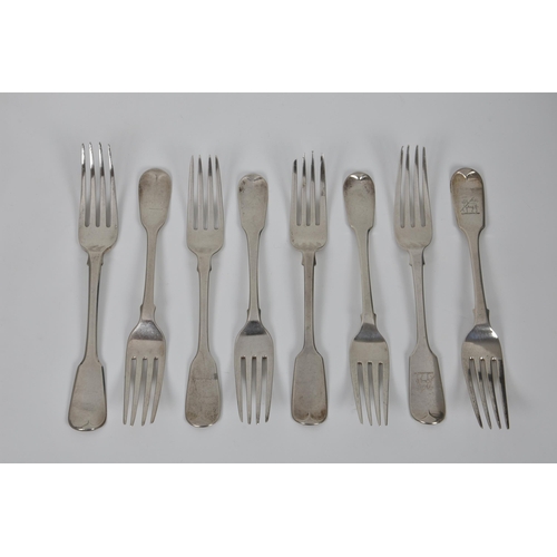 220 - A harlequin set of eight 19th century silver fiddle pattern table forks, one by Solomon Hougham, 181... 