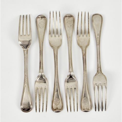 232 - A set of six of Victorian silver Hanoverian Military Thread pattern dinner forks, H J Lias & Son... 