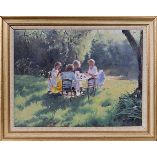 275 - Gerald Palmer (Jersey, 1935-2017), Lunch al Fresco. * oil on board, signed lower right, framed. * 11... 