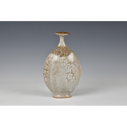 28 - A studio pottery vase, second half 20th century, of flattened, elliptical form, with oval foot, tigh... 