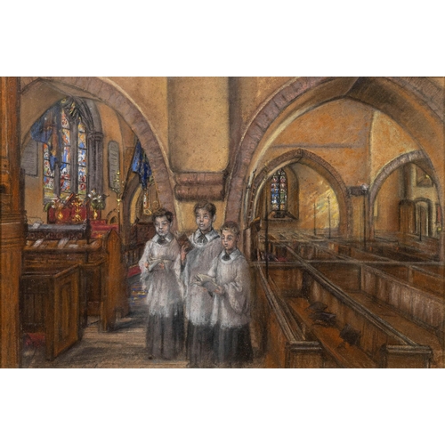 285 - M. E. Journeaux (Jersey, early 20th century), Three choirboys in a Jersey Church. * pastel, signed a... 