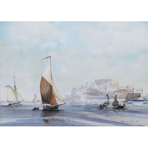 305 - David Jory (British, 20th century), Boats in Guernsey harbour, Castle Cornet beyond. * watercolour, ... 