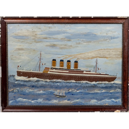 309 - T. W. Brouard (Guernsey, early 20th century), Two naive style paintings of the White Star Line ocean... 