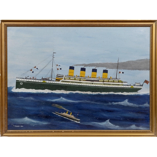 309 - T. W. Brouard (Guernsey, early 20th century), Two naive style paintings of the White Star Line ocean... 