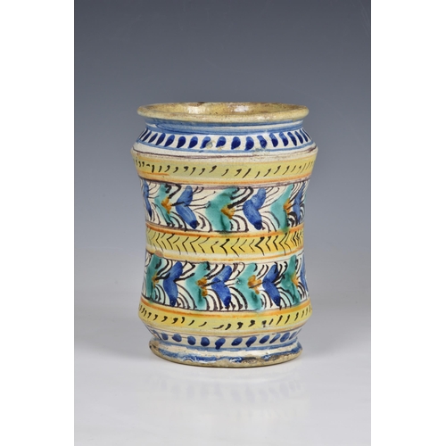 31 - An Italian maiolica polychrome albarello, 17th / 18th century, of slightly waisted form with flared ... 