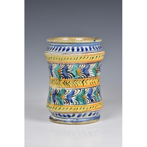 31 - An Italian maiolica polychrome albarello, 17th / 18th century, of slightly waisted form with flared ... 