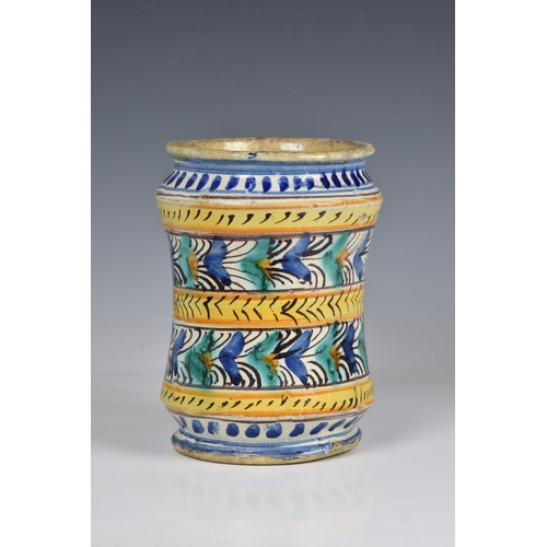 31 - An Italian maiolica polychrome albarello, 17th / 18th century, of slightly waisted form with flared ... 