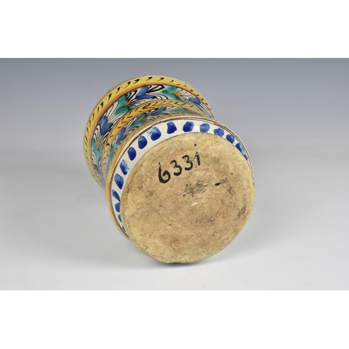 31 - An Italian maiolica polychrome albarello, 17th / 18th century, of slightly waisted form with flared ... 