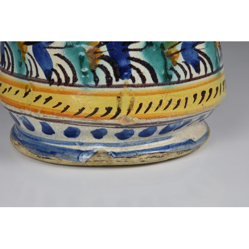 31 - An Italian maiolica polychrome albarello, 17th / 18th century, of slightly waisted form with flared ... 