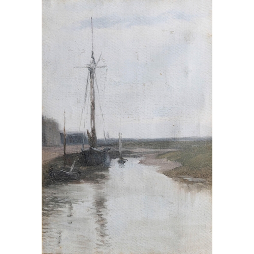 394 - English School, late 19th century, Boats tied up. * oil on canvas laid down, framed. * 13¼ x 9in. (3... 