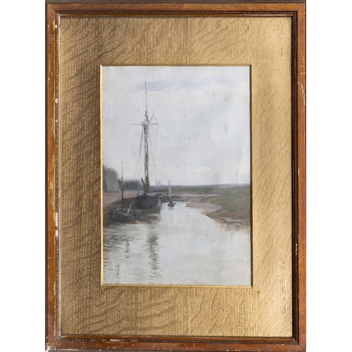 394 - English School, late 19th century, Boats tied up. * oil on canvas laid down, framed. * 13¼ x 9in. (3... 